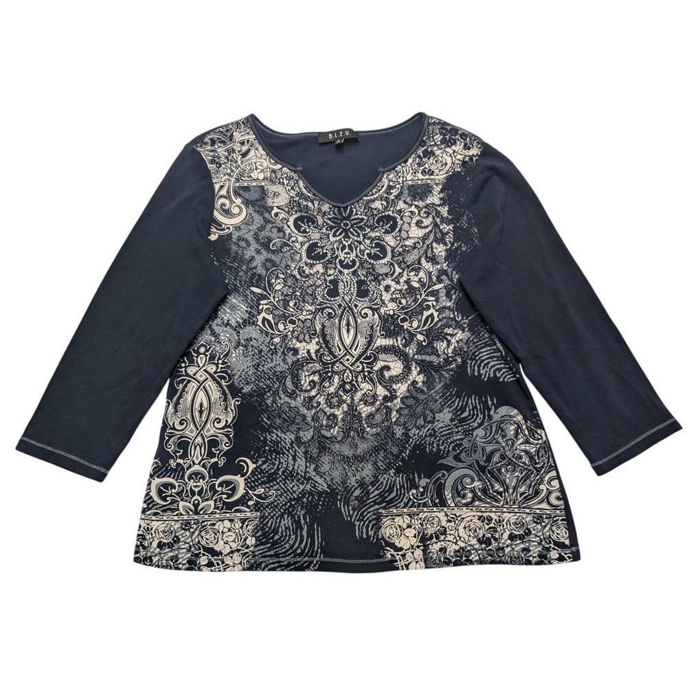 B.L.E.U. Graphic Print Top Women Large Navy Blue 3/4 Sleeve Cotton USA
